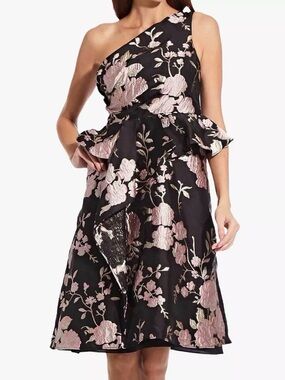 NWT Adrianna Papell One Shoulder Dress Black & Pink Floral Jacquard Size 14 NEW